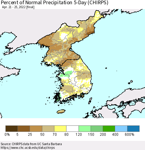 Korea Percent of Normal Precipitation 5-Day (CHIRPS) Thematic Map For 4/21/2022 - 4/25/2022