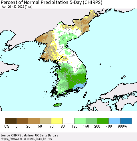 Korea Percent of Normal Precipitation 5-Day (CHIRPS) Thematic Map For 4/26/2022 - 4/30/2022