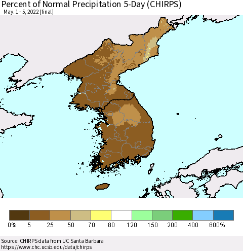 Korea Percent of Normal Precipitation 5-Day (CHIRPS) Thematic Map For 5/1/2022 - 5/5/2022