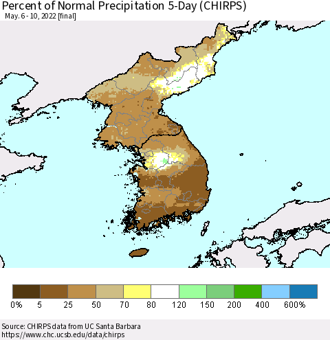 Korea Percent of Normal Precipitation 5-Day (CHIRPS) Thematic Map For 5/6/2022 - 5/10/2022