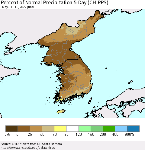 Korea Percent of Normal Precipitation 5-Day (CHIRPS) Thematic Map For 5/11/2022 - 5/15/2022