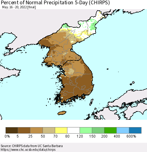 Korea Percent of Normal Precipitation 5-Day (CHIRPS) Thematic Map For 5/16/2022 - 5/20/2022