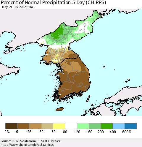 Korea Percent of Normal Precipitation 5-Day (CHIRPS) Thematic Map For 5/21/2022 - 5/25/2022