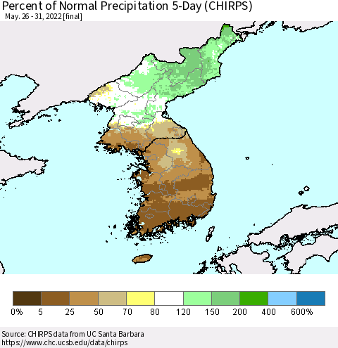 Korea Percent of Normal Precipitation 5-Day (CHIRPS) Thematic Map For 5/26/2022 - 5/31/2022