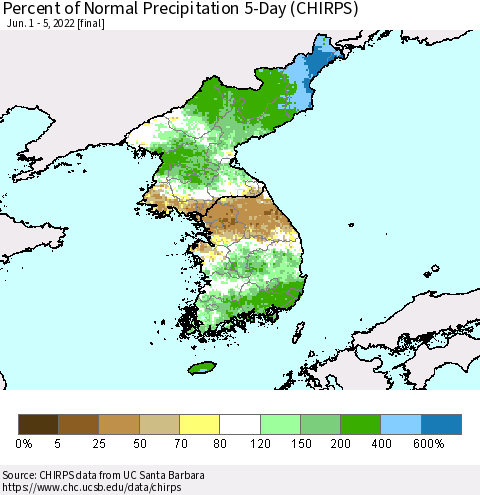Korea Percent of Normal Precipitation 5-Day (CHIRPS) Thematic Map For 6/1/2022 - 6/5/2022
