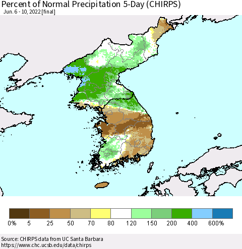 Korea Percent of Normal Precipitation 5-Day (CHIRPS) Thematic Map For 6/6/2022 - 6/10/2022