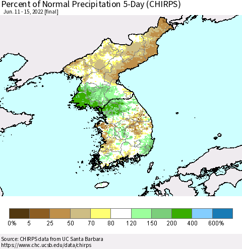 Korea Percent of Normal Precipitation 5-Day (CHIRPS) Thematic Map For 6/11/2022 - 6/15/2022