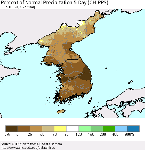 Korea Percent of Normal Precipitation 5-Day (CHIRPS) Thematic Map For 6/16/2022 - 6/20/2022
