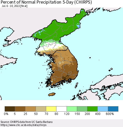 Korea Percent of Normal Precipitation 5-Day (CHIRPS) Thematic Map For 7/6/2022 - 7/10/2022