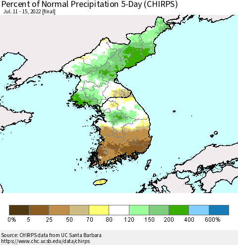 Korea Percent of Normal Precipitation 5-Day (CHIRPS) Thematic Map For 7/11/2022 - 7/15/2022