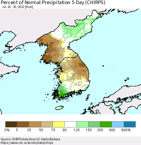 Korea Percent of Normal Precipitation 5-Day (CHIRPS) Thematic Map For 7/16/2022 - 7/20/2022
