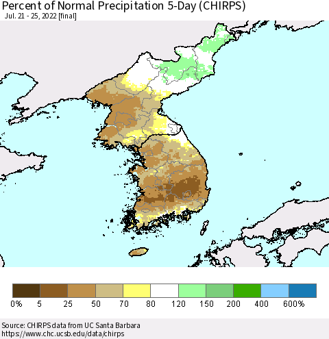 Korea Percent of Normal Precipitation 5-Day (CHIRPS) Thematic Map For 7/21/2022 - 7/25/2022