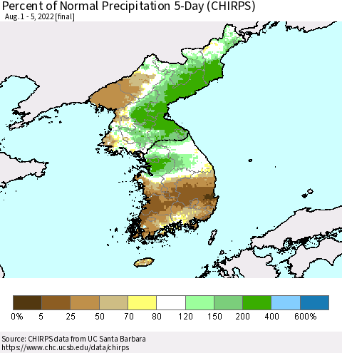 Korea Percent of Normal Precipitation 5-Day (CHIRPS) Thematic Map For 8/1/2022 - 8/5/2022