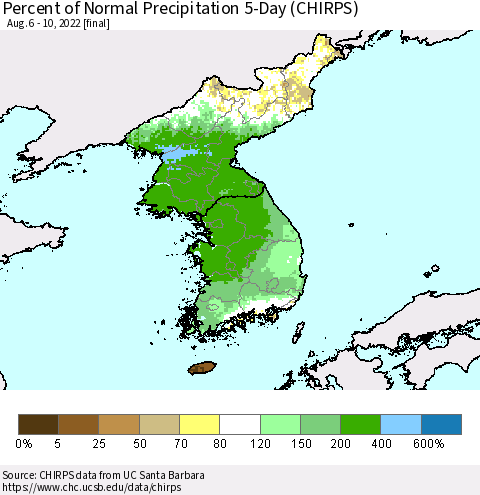 Korea Percent of Normal Precipitation 5-Day (CHIRPS) Thematic Map For 8/6/2022 - 8/10/2022