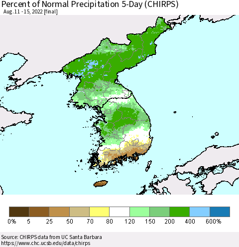 Korea Percent of Normal Precipitation 5-Day (CHIRPS) Thematic Map For 8/11/2022 - 8/15/2022