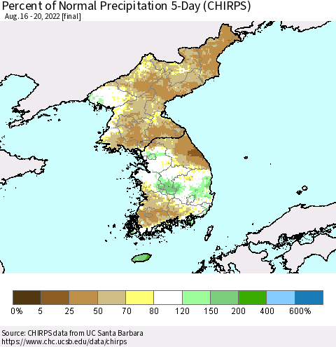 Korea Percent of Normal Precipitation 5-Day (CHIRPS) Thematic Map For 8/16/2022 - 8/20/2022
