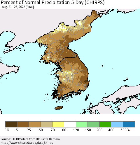 Korea Percent of Normal Precipitation 5-Day (CHIRPS) Thematic Map For 8/21/2022 - 8/25/2022