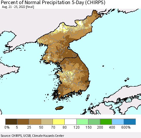 Korea Percent of Normal Precipitation 5-Day (CHIRPS) Thematic Map For 8/21/2022 - 8/25/2022