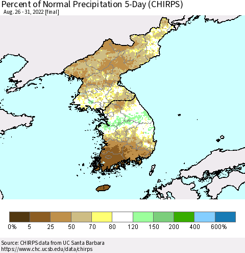Korea Percent of Normal Precipitation 5-Day (CHIRPS) Thematic Map For 8/26/2022 - 8/31/2022