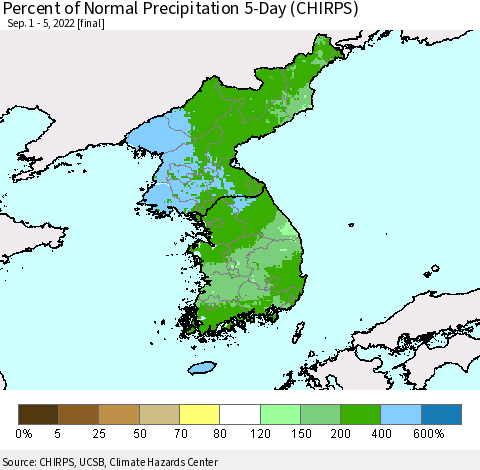 Korea Percent of Normal Precipitation 5-Day (CHIRPS) Thematic Map For 9/1/2022 - 9/5/2022