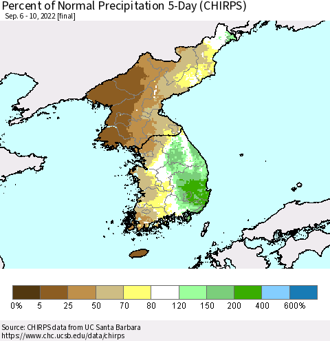 Korea Percent of Normal Precipitation 5-Day (CHIRPS) Thematic Map For 9/6/2022 - 9/10/2022