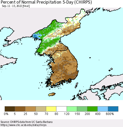 Korea Percent of Normal Precipitation 5-Day (CHIRPS) Thematic Map For 9/11/2022 - 9/15/2022