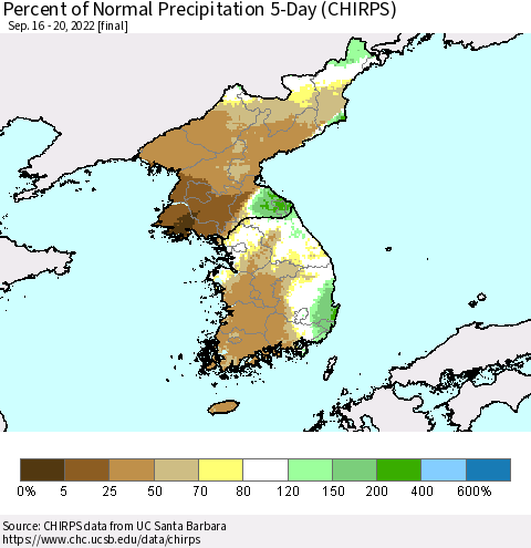 Korea Percent of Normal Precipitation 5-Day (CHIRPS) Thematic Map For 9/16/2022 - 9/20/2022