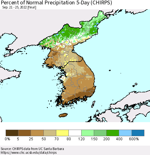 Korea Percent of Normal Precipitation 5-Day (CHIRPS) Thematic Map For 9/21/2022 - 9/25/2022