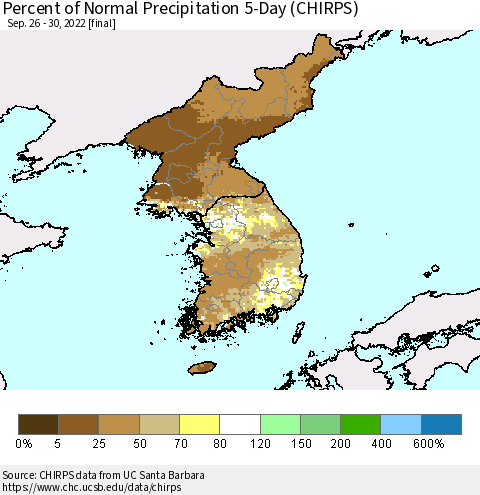 Korea Percent of Normal Precipitation 5-Day (CHIRPS) Thematic Map For 9/26/2022 - 9/30/2022