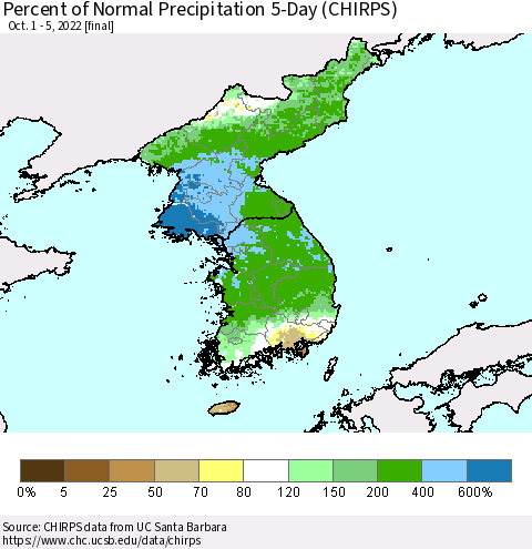 Korea Percent of Normal Precipitation 5-Day (CHIRPS) Thematic Map For 10/1/2022 - 10/5/2022