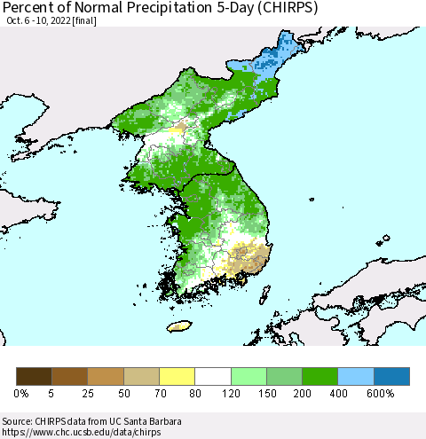 Korea Percent of Normal Precipitation 5-Day (CHIRPS) Thematic Map For 10/6/2022 - 10/10/2022