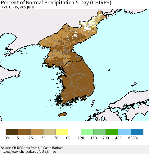 Korea Percent of Normal Precipitation 5-Day (CHIRPS) Thematic Map For 10/11/2022 - 10/15/2022