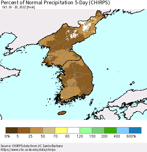 Korea Percent of Normal Precipitation 5-Day (CHIRPS) Thematic Map For 10/16/2022 - 10/20/2022