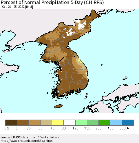 Korea Percent of Normal Precipitation 5-Day (CHIRPS) Thematic Map For 10/21/2022 - 10/25/2022
