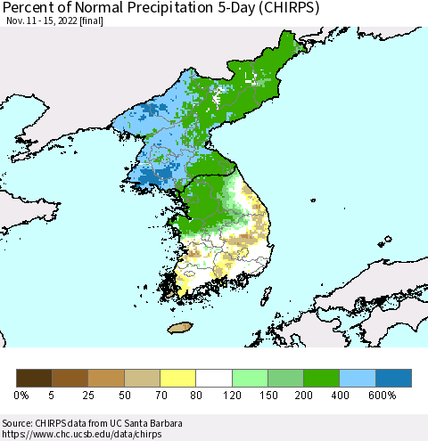 Korea Percent of Normal Precipitation 5-Day (CHIRPS) Thematic Map For 11/11/2022 - 11/15/2022