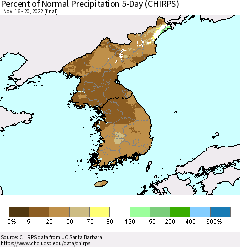 Korea Percent of Normal Precipitation 5-Day (CHIRPS) Thematic Map For 11/16/2022 - 11/20/2022