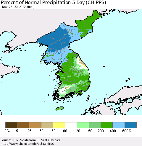 Korea Percent of Normal Precipitation 5-Day (CHIRPS) Thematic Map For 11/26/2022 - 11/30/2022