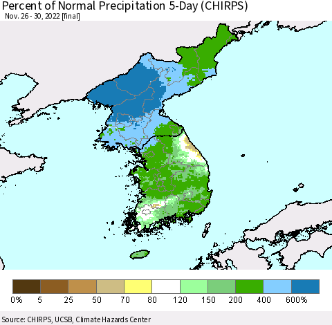 Korea Percent of Normal Precipitation 5-Day (CHIRPS) Thematic Map For 11/26/2022 - 11/30/2022