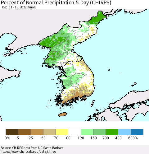 Korea Percent of Normal Precipitation 5-Day (CHIRPS) Thematic Map For 12/11/2022 - 12/15/2022