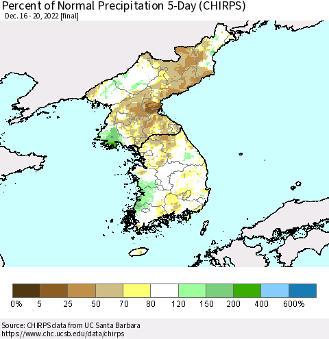 Korea Percent of Normal Precipitation 5-Day (CHIRPS) Thematic Map For 12/16/2022 - 12/20/2022