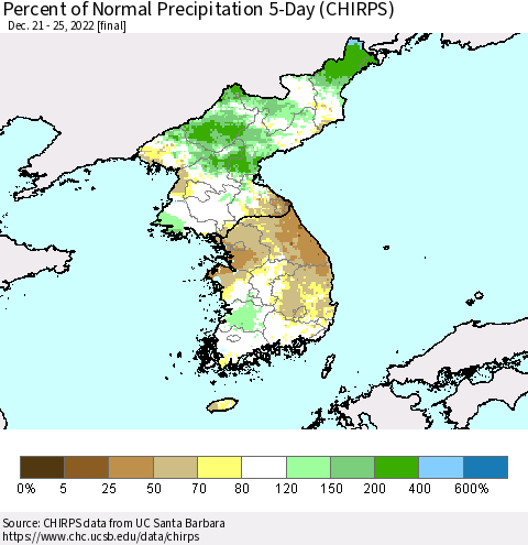 Korea Percent of Normal Precipitation 5-Day (CHIRPS) Thematic Map For 12/21/2022 - 12/25/2022