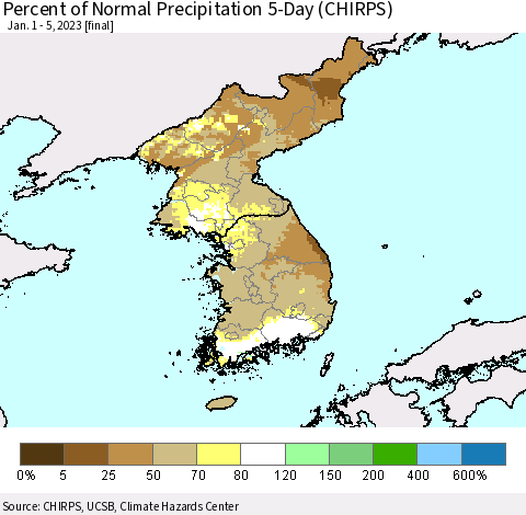 Korea Percent of Normal Precipitation 5-Day (CHIRPS) Thematic Map For 1/1/2023 - 1/5/2023