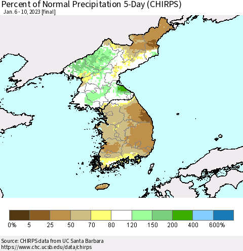 Korea Percent of Normal Precipitation 5-Day (CHIRPS) Thematic Map For 1/6/2023 - 1/10/2023