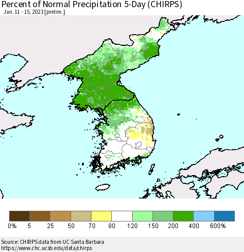 Korea Percent of Normal Precipitation 5-Day (CHIRPS) Thematic Map For 1/11/2023 - 1/15/2023