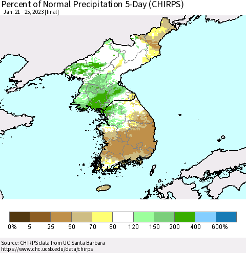 Korea Percent of Normal Precipitation 5-Day (CHIRPS) Thematic Map For 1/21/2023 - 1/25/2023