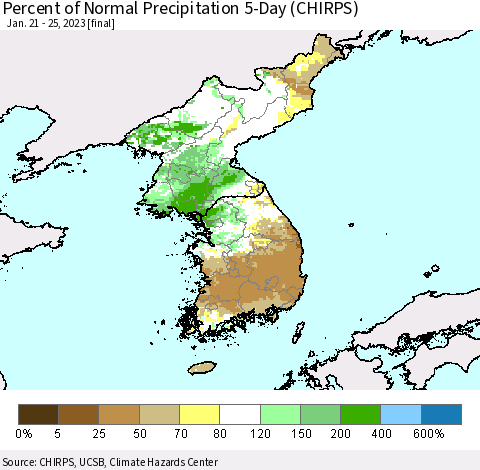 Korea Percent of Normal Precipitation 5-Day (CHIRPS) Thematic Map For 1/21/2023 - 1/25/2023