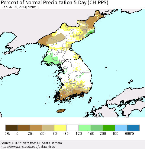 Korea Percent of Normal Precipitation 5-Day (CHIRPS) Thematic Map For 1/26/2023 - 1/31/2023