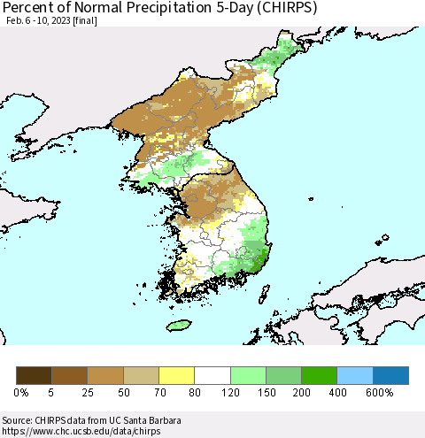 Korea Percent of Normal Precipitation 5-Day (CHIRPS) Thematic Map For 2/6/2023 - 2/10/2023