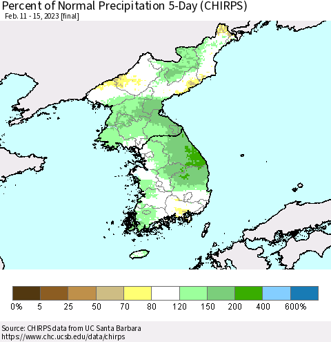 Korea Percent of Normal Precipitation 5-Day (CHIRPS) Thematic Map For 2/11/2023 - 2/15/2023