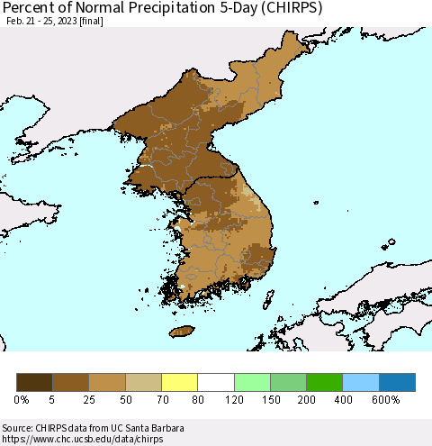 Korea Percent of Normal Precipitation 5-Day (CHIRPS) Thematic Map For 2/21/2023 - 2/25/2023
